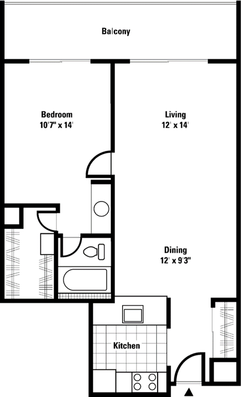 Floor plan for 1 bed, 1 bath, 715 sqft